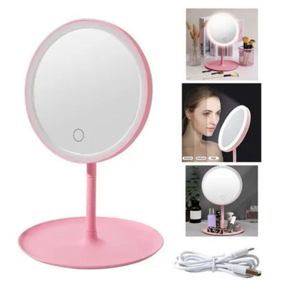 Espejo Maquillaje Redonda Rosa LED 360