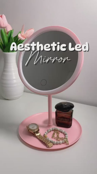 Espejo Maquillaje Redonda Rosa LED 360